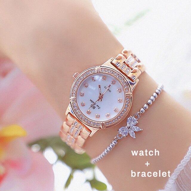 Bee sister dameshorloge luxe roségouden diamanten wijzerplaat met strass steentjes, waterdicht dameshorloge bss -13-38: Roos met armband