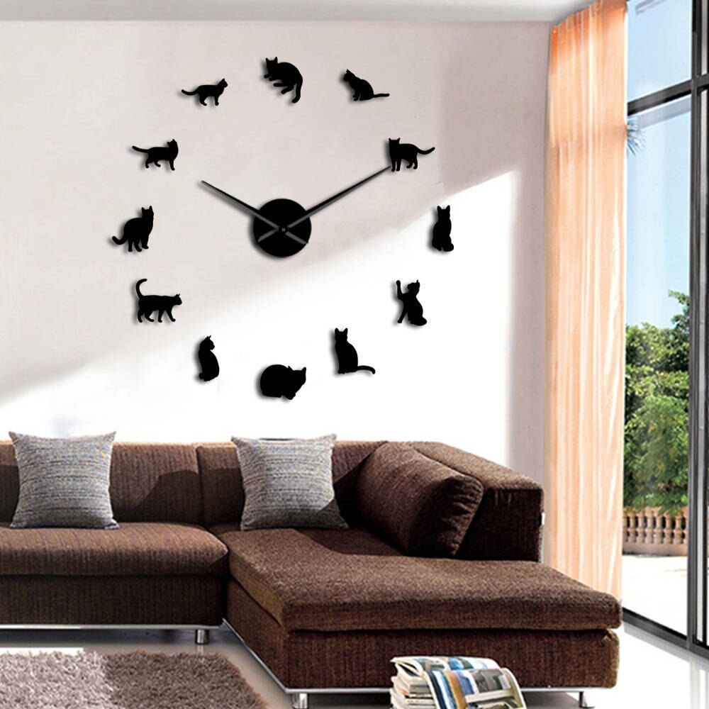 Frameless Cats Silhouette Wall Art Clock Watch Kittens 3D DIY Wall Clock Playful Cat Shape Big Needles Girl Room Kit Decoration