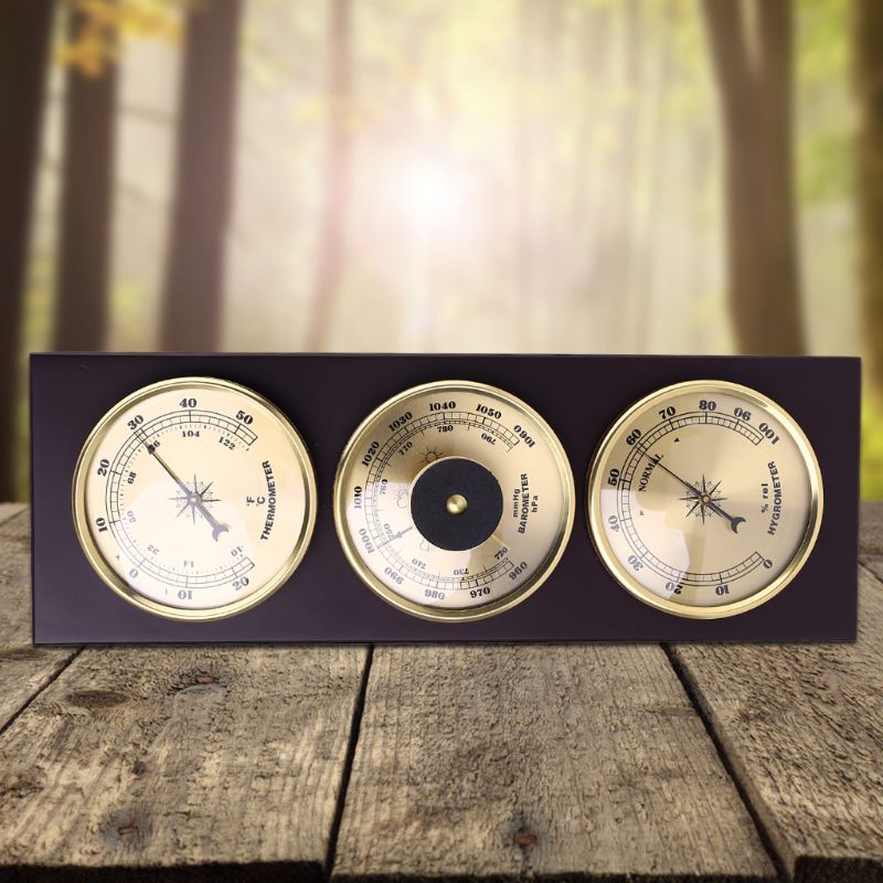 3Pcs/Set Thermometer Barometer Hygrometer Weather Station with Wooden Frame Base Ornaments 31cm x 11cm