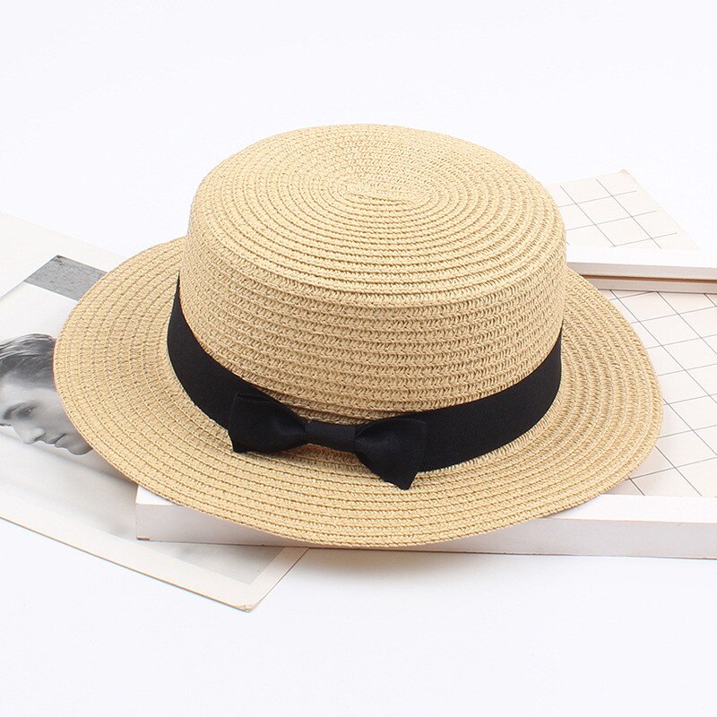 Ladies Summer Solid Top Hat Sun Visor Sun Straw Beach Hat Female Casual Panama Hat Lady Brand Women Flat brim Bowknot Straw cap: Yellow
