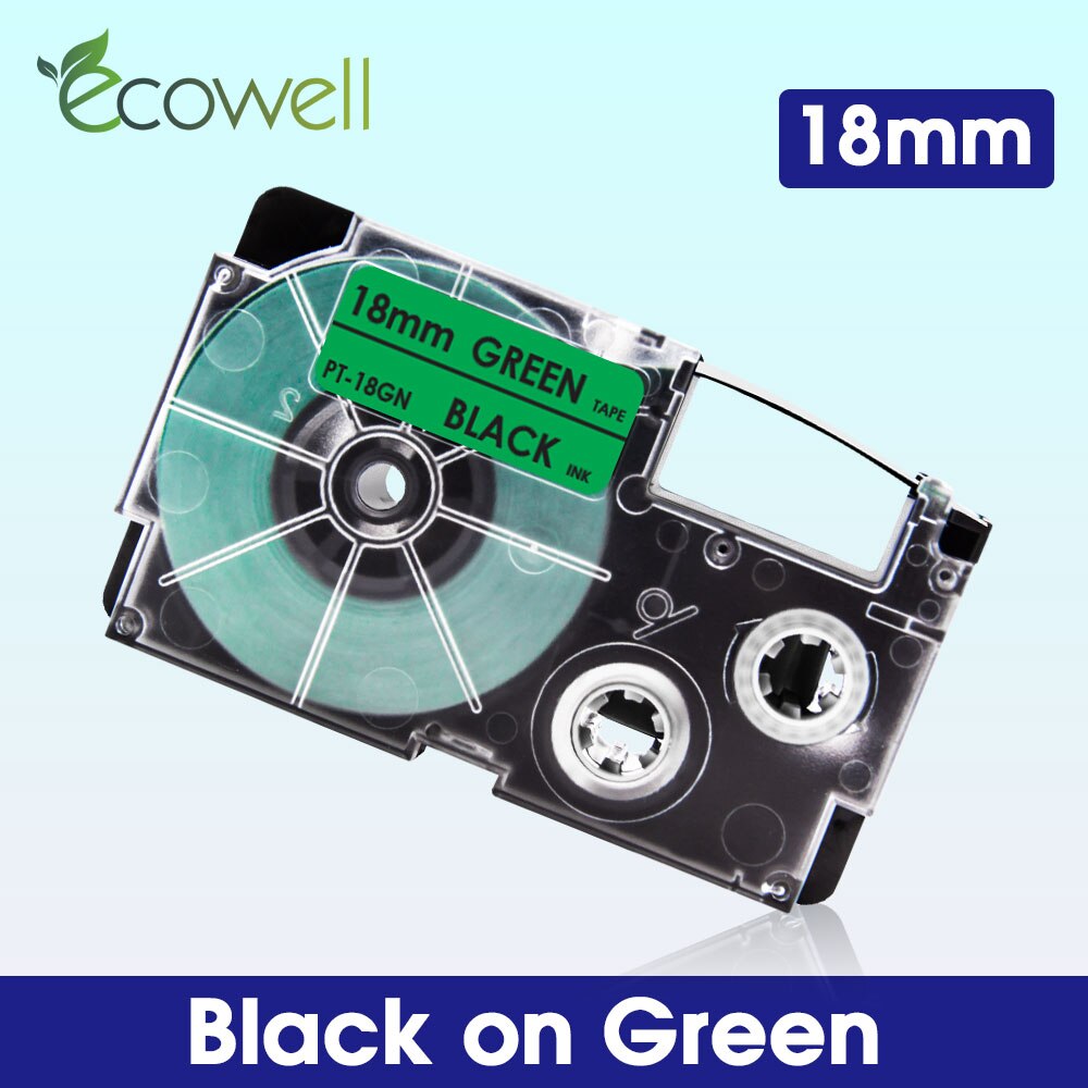 Ecowell 18Colors Compatible Casio XR-18WE XR-18X XR-18RD XR-18BU XR-18YW XR-18GN label tape for Casio KL-750 120 EZ Label Maker: Black on Green