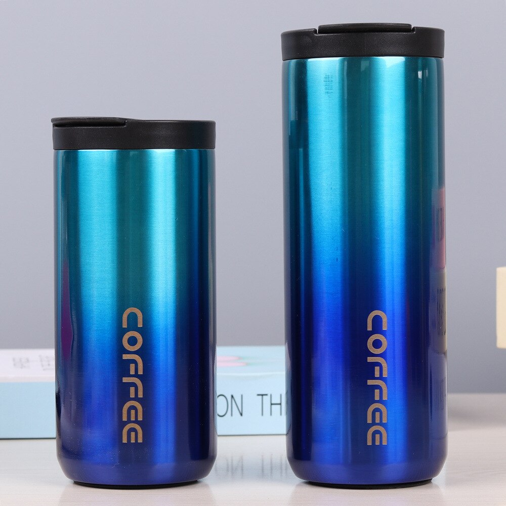 Taza de café de acero inoxidable para hombre, frasco de vacío Simple de Color degradado, a la , para oficina, práctica taza recta, novedad, , 304: 500ml / Azul