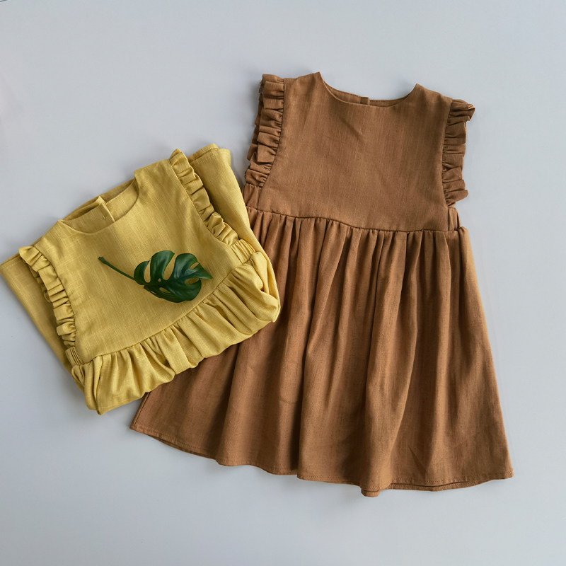 Baby Meisje Jurk 1-6Y Effen Linnen Katoen Ruche Mouw Kinderen Jurken Voor Zomer Prinses Feestjurk Peuter Meisje A-lijn Zonnejurk
