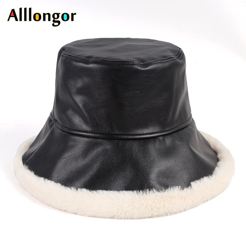 NLAND Harige vissershoed voor dames winter fleece voering warme emmerhoed van kunstbont pluizige pluche hoeden slouchy vissersmuts, Zwart, Eén maat