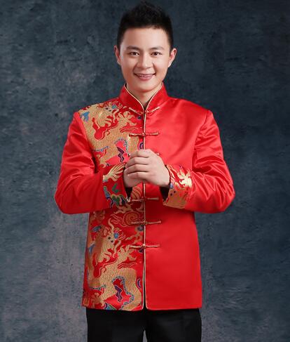 Chinese traditionele kleding bruiloft reed borduurwerk bruid kleding mannen tang pak vintage stand kraag tuniek pak: B style / M