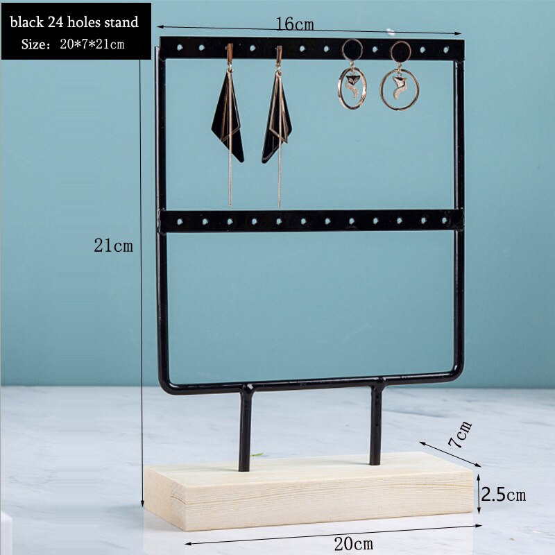 Earrings Stand Jewelry Display Earrings Holder Jewellery Storage Wooden Base Metal Ear Studs Pendant Rack: black 24 holes