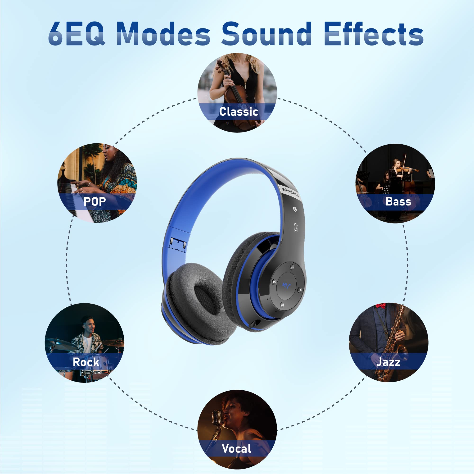 Bluetooth-Kopfhörer über Ohr, 6s faltbare kabellose Kopfhörer mit 6 eq-Modi, 40 Stunden Spielzeit Hifi-Stereo-Headset mit Mikrofon