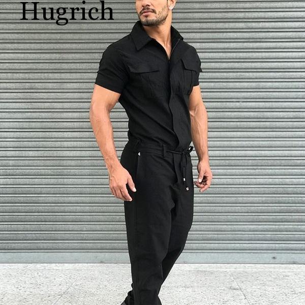 Efterår mænd korte ærmer basis arbejdsoverall til mænd ren farve cargo overalls afslappet street wear jumpsuit herre overalls
