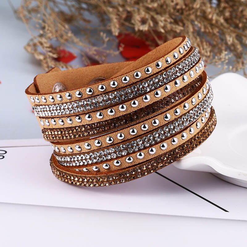 HOCOLE-Pulseras de cuero con abalorios de cristal para mujer, pulsera de diamantes de imitación multicapa, joyería femenina, de boda: Beige Bracelet