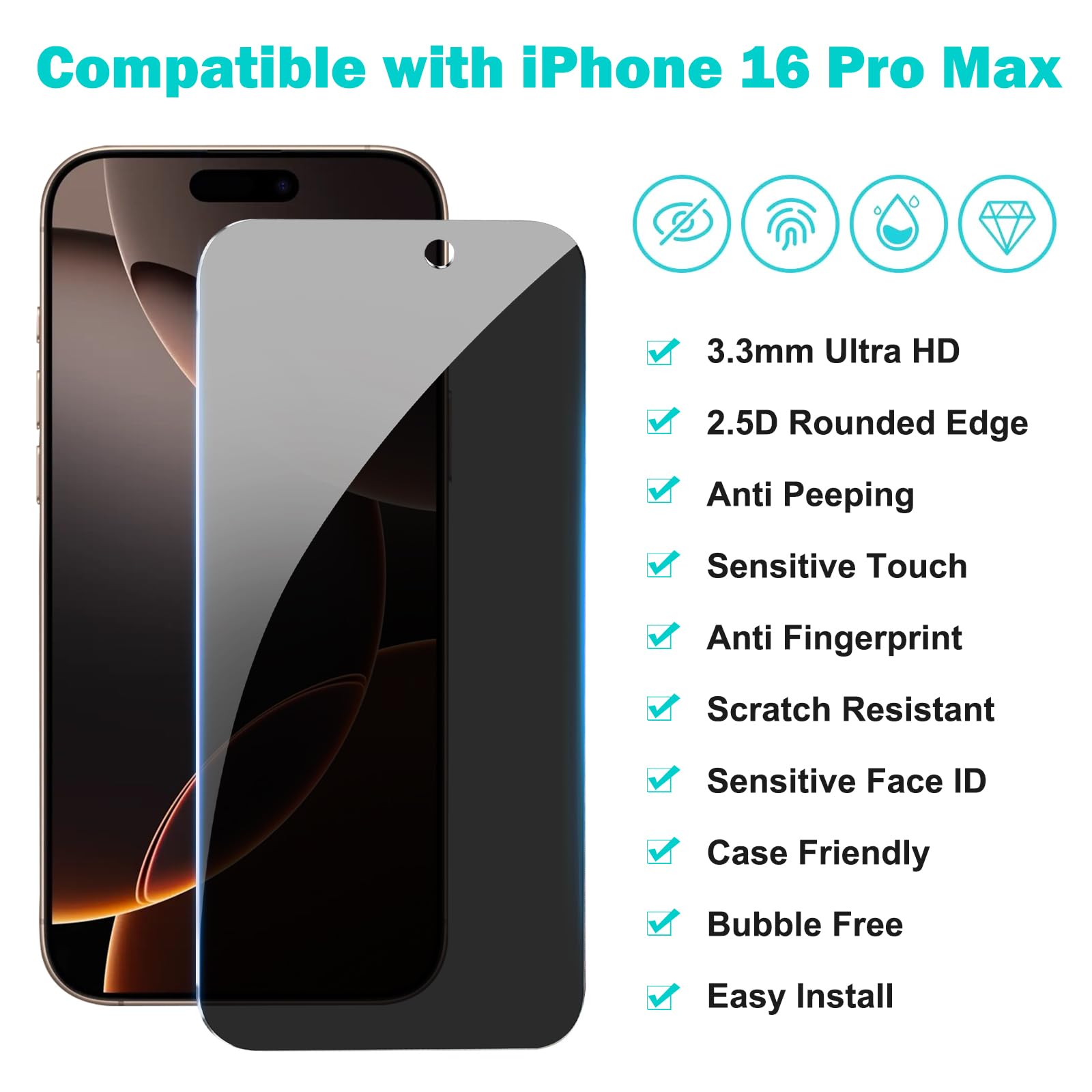 Paquet de 3 protecteurs d'écran de confidentialité pour iPhone16 15 14 13 12Pro Max + 3 paquets de protecteur d'objectif d'appareil photo, verre trempé Anti-espion dureté 9H