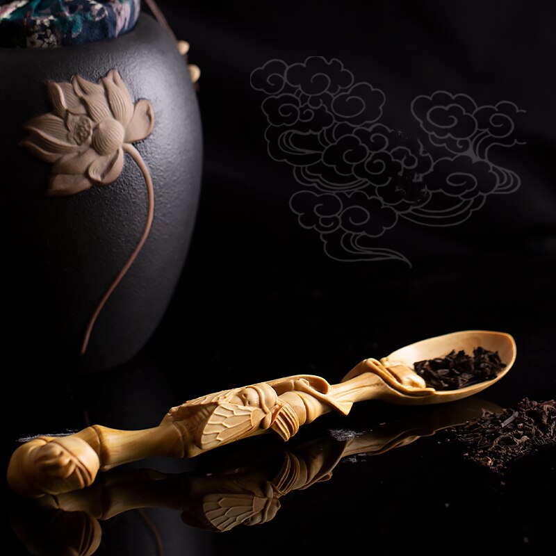 Cuchara de té Zen chino, pala de té, cuchara de té de Ceremonia de té de Kung Fu, mango de colección, estatua de madera, tallado de boj, decoración del hogar: D