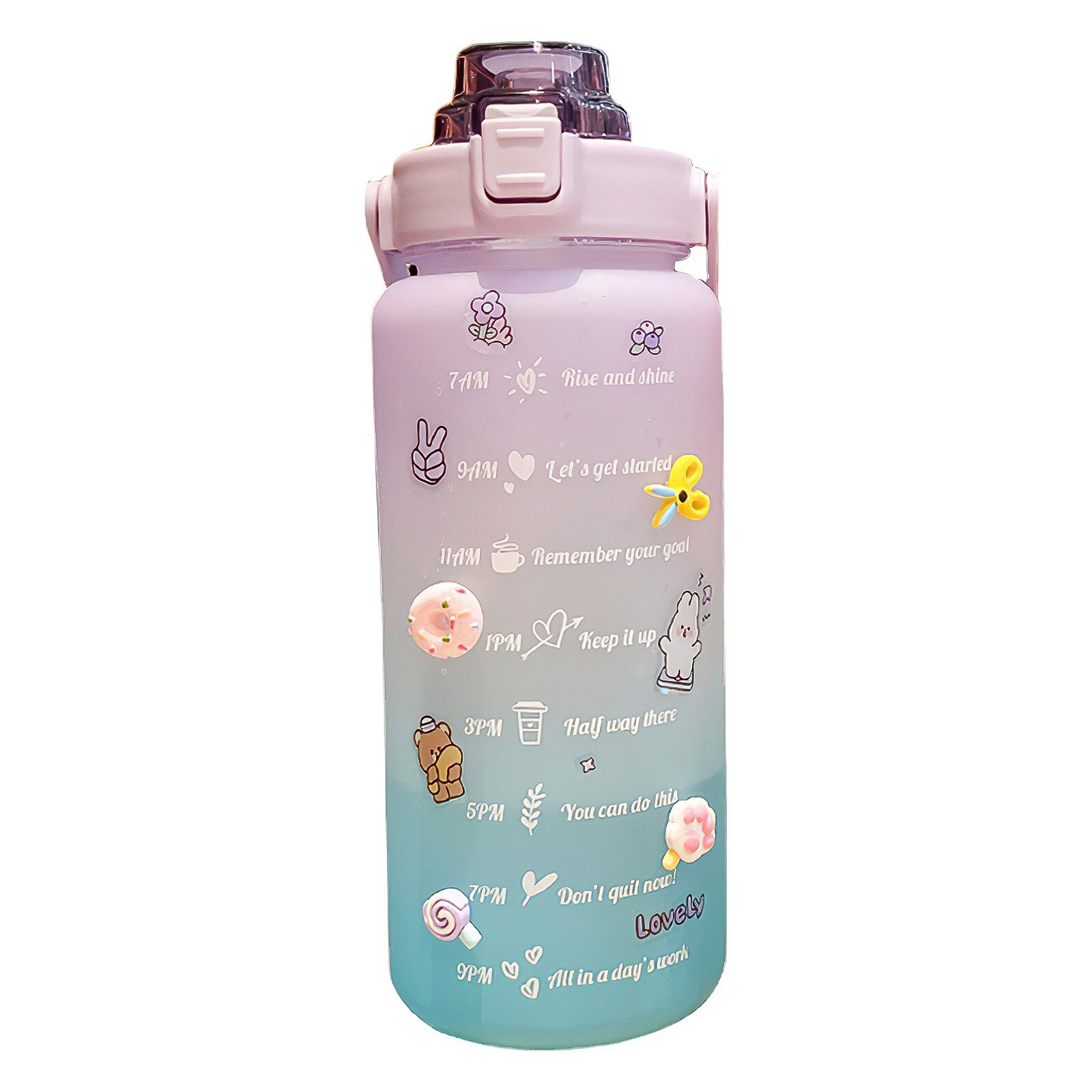 Aufkleber Wasser Flasche Mit Stroh 2000ml Nette Tragbare Skala Flasche Für Wasser Ich bin Freien Reise Wasserkocher Für Erwachsene Studenten Trinken krüge: Grün Violett