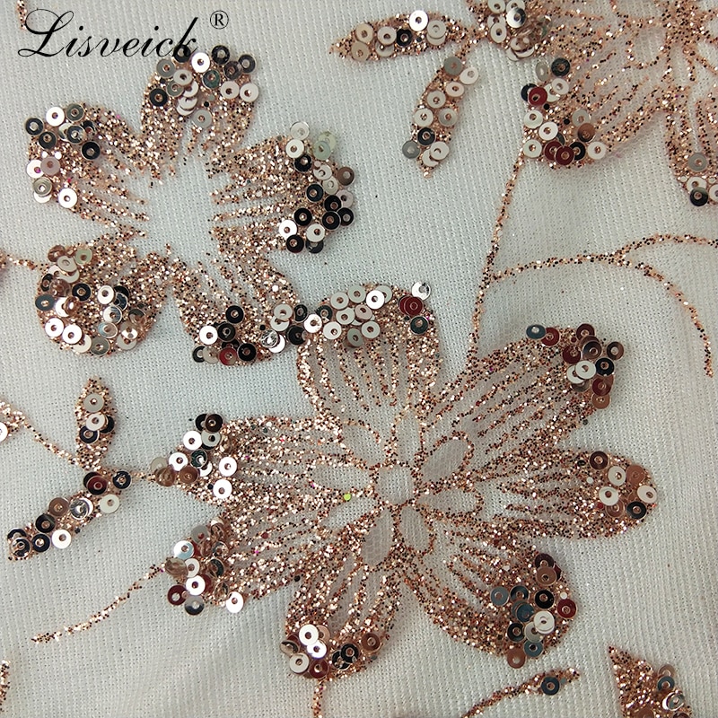 Nowy 1 stocznia złoty jedwab haftowany kwiat tiulowa siatka koronkowa tkanina zdobiona cekinami na wieczorowa suknia ślubna dodatki odzieżbyć winnym