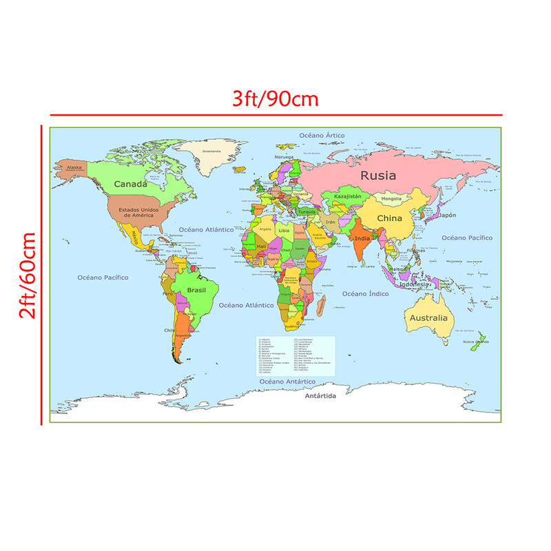 90x60cm Canvas World Map In Spanish Political Distribution Map of The World Spanish Wall Art Poster for Home Office Decoration