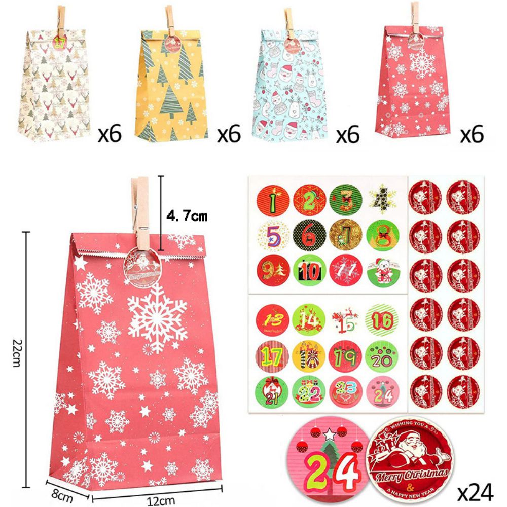24 stuks kerstzakjes adventskalender om papieren zakjes te vullen met 1-24 cijferstickers kerst theekransje adventszakjes: Default Title