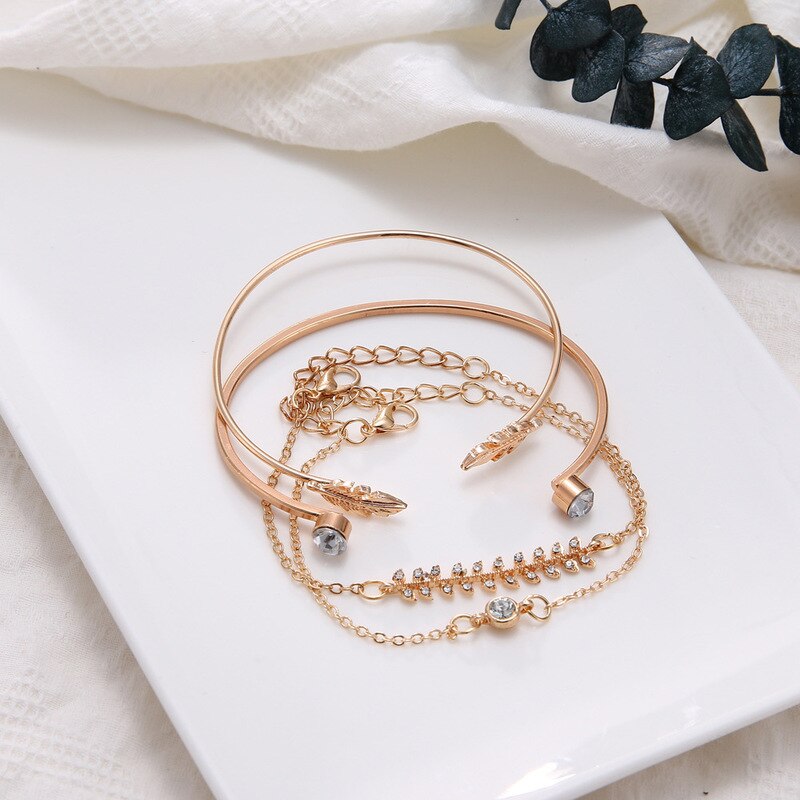 4 Pcs/set Women's Crystal Leaves Geometric Chain Gold Bracelet Set Bohemian Vintage Jewelry Whole