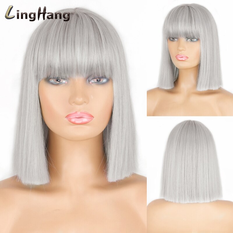 Linghang Short Bob Wig With Bangs for Women Synthetic Bob Wigs Black Pink Purple Wig for Party Daily Use Shoulder Length: T1B/4/30