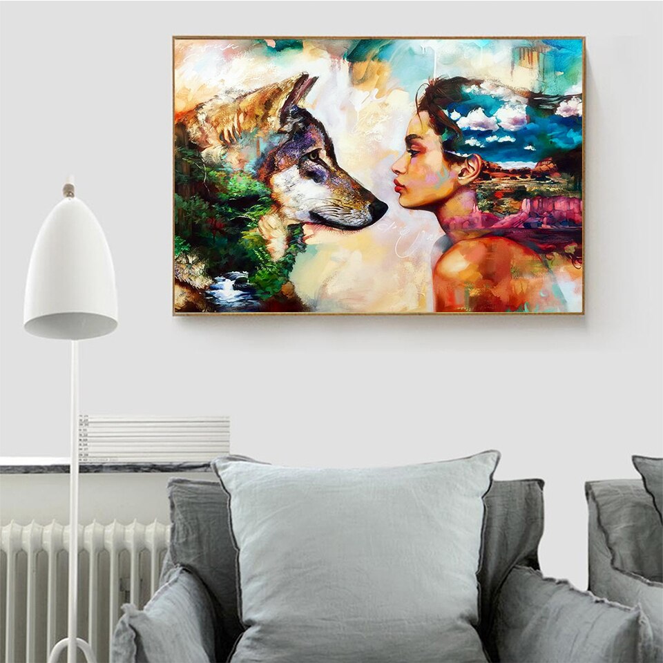 Azqsd olieverfschilderij op nummer wolf meisje diy kleurrijke verf handgemaakte oningelijste tekening op nummer dier huisdecoratie