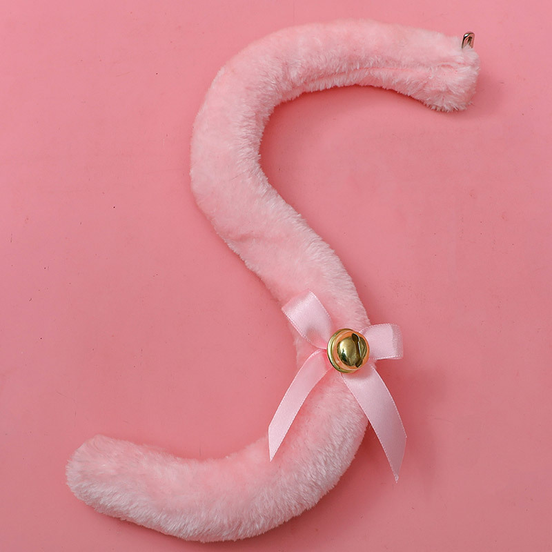 Plush Long Cat Tail with Ribbon Bowknot Bell Plush Furry Cat Ears Headwear White Lace Women Girls Party Cosplay: Pink