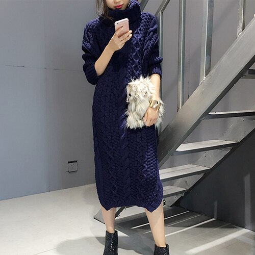 Woman Winter Dress Knitted Dress Turtleneck Long Sleeve Women Warm Long Sweater Dress Sweaters and Pullovers Women Clothing: navy blue