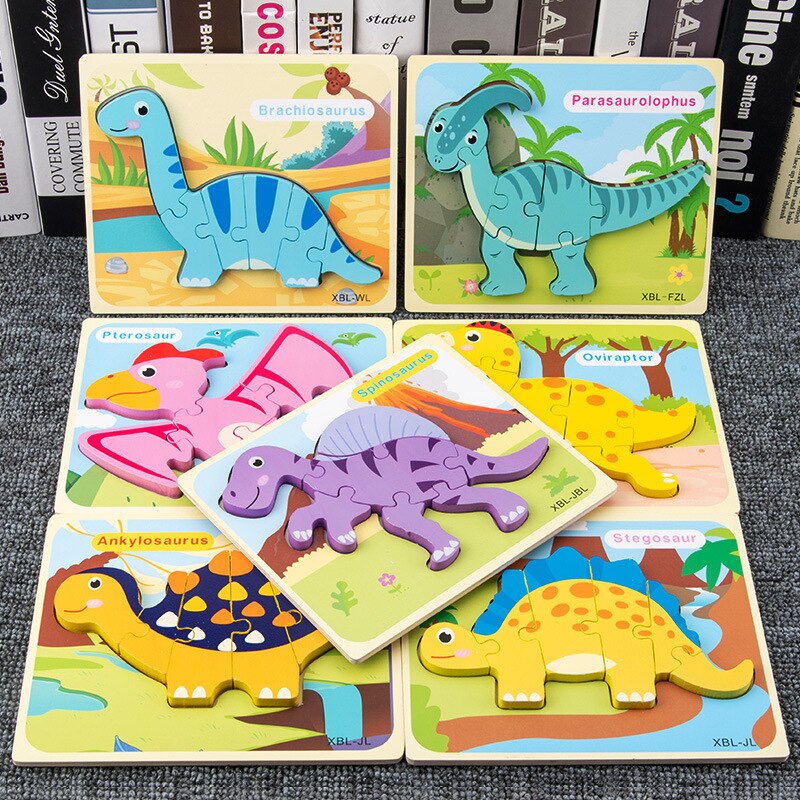 Puzzle di dinosauro tridimensionale in legno 3d puzzle di cartone animato educazione precoce puzzle educativo a forma di bambino