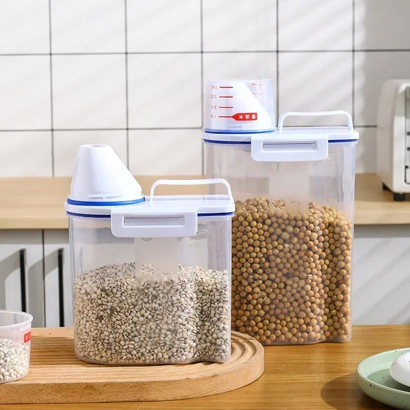 Suministros de cocina, Cubo de almacenamiento de alimentos, tanque de almacenamiento portátil a prueba de humedad de 1,5/2kg con taza a escala, cubo para alimentos, contenedor de plástico