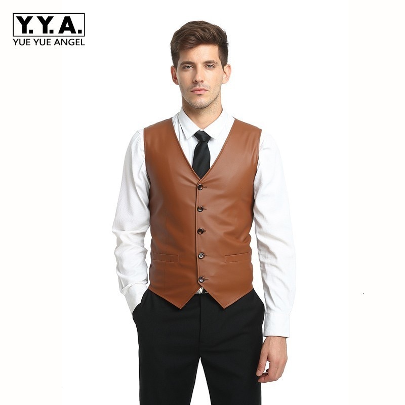 Summer Mens Vest PU Leather V-Neck Collar Vests For Men Slim Fit Single Breasted Chaleco Hombre Plus Size