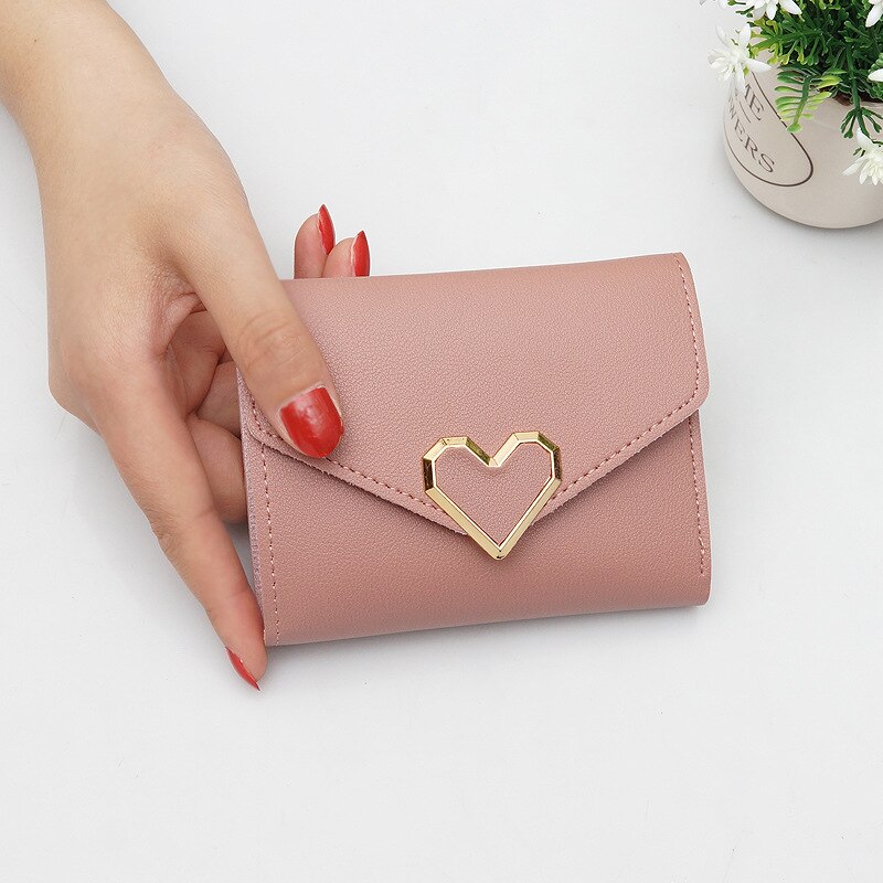 Women Tassel Love Heart Mini Wallets Black Pu Leather Coin Purse Simple All-match Student Card Holdeer Bag: Light Powder of Love