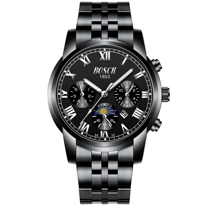 Bosck Luxe Mannen Horloges Sport Quartz Waterdichte Horloges Heren Roestvrij Stalen Band Auto Datum Horloges: black