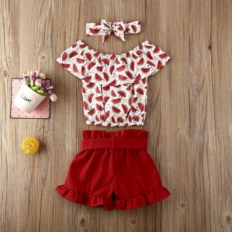 Estate casual Del Bambino Del Capretto Del Bambino Vestiti Della Ragazza Set Off Spalla Anguria Stampa Magliette e camicette Pantaloni di Scarsità Outfits Set