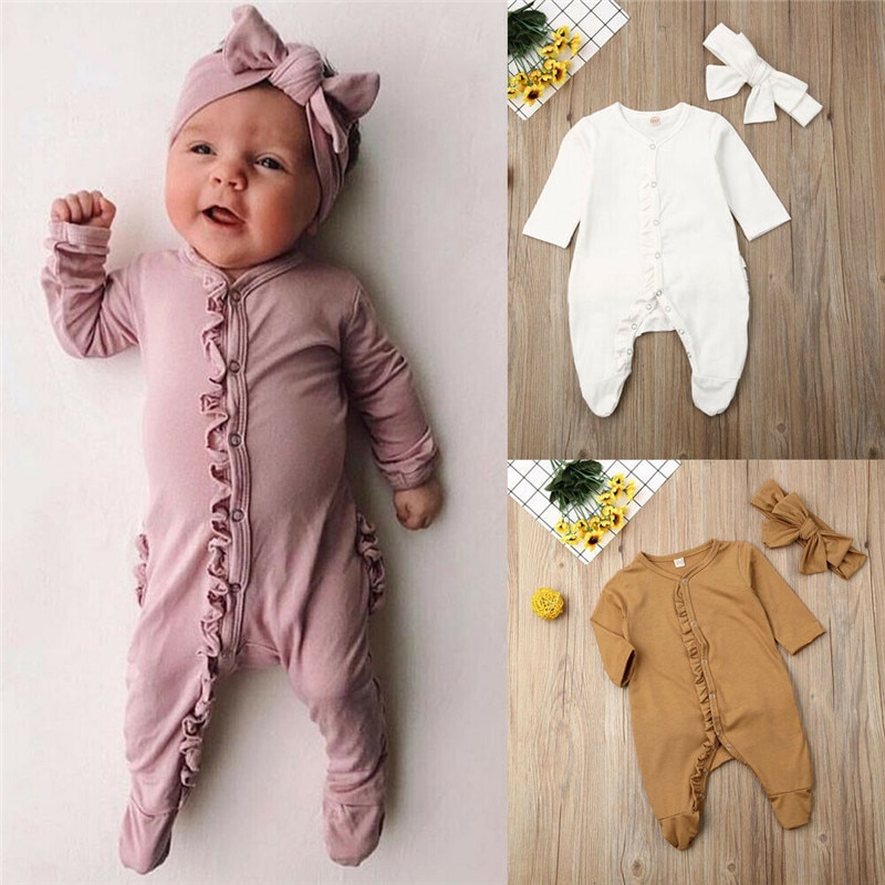 0-12m nyfødte barn baby dreng pige tøj langærmede flæser bomuld jumpsuit dejlige søde født outfits