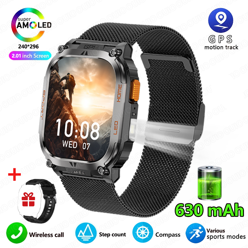 Smartwatch z wbudowanym GPS, wodoodporny IP68, bateria 630 mAh, kompas, barometryczny wysokościomierz, odtwarzanie muzyki Bluetooth, sterowanie głosowe AI, połączenia BT.: Różowy