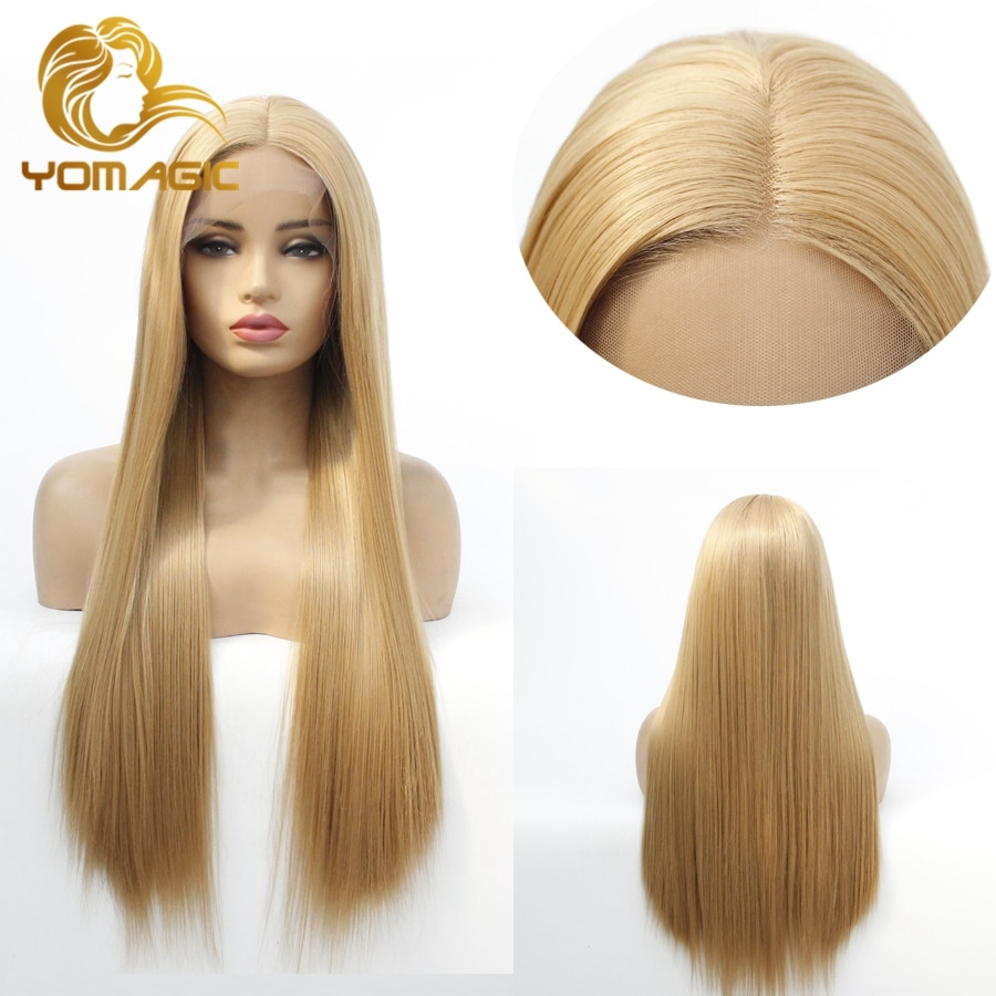 Yomagic Lange Rechte Synthetisch Haar Lace Front Pruiken Voor Vrouwen Natuurlijke Haarlijn Blonde Kleur Synthetische Lijmloze Kant Pruiken