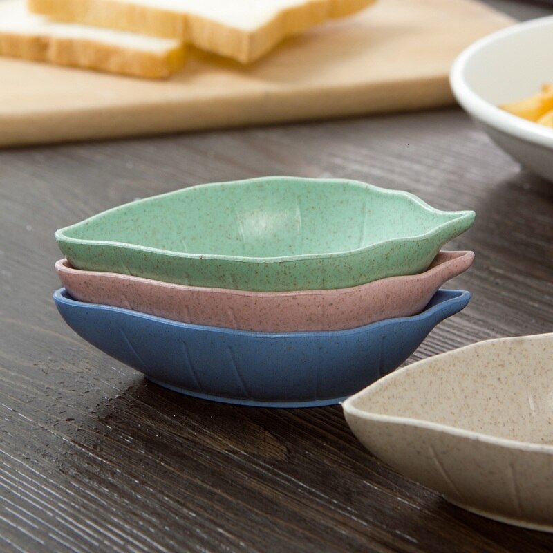 4Pcs Dip Plate kitchen wheat straw seasoning dish plastic Leaf shape pickles small plate tableware dip snack sauce dish