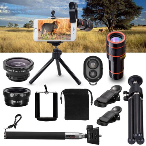 8x 12x Mobile Phone Lens Clip Optical Zoom Telescope Lens All in1 Phone Camera Lens Selfie Stick Tripod bluetooth Remote Kit: 02 white 8x