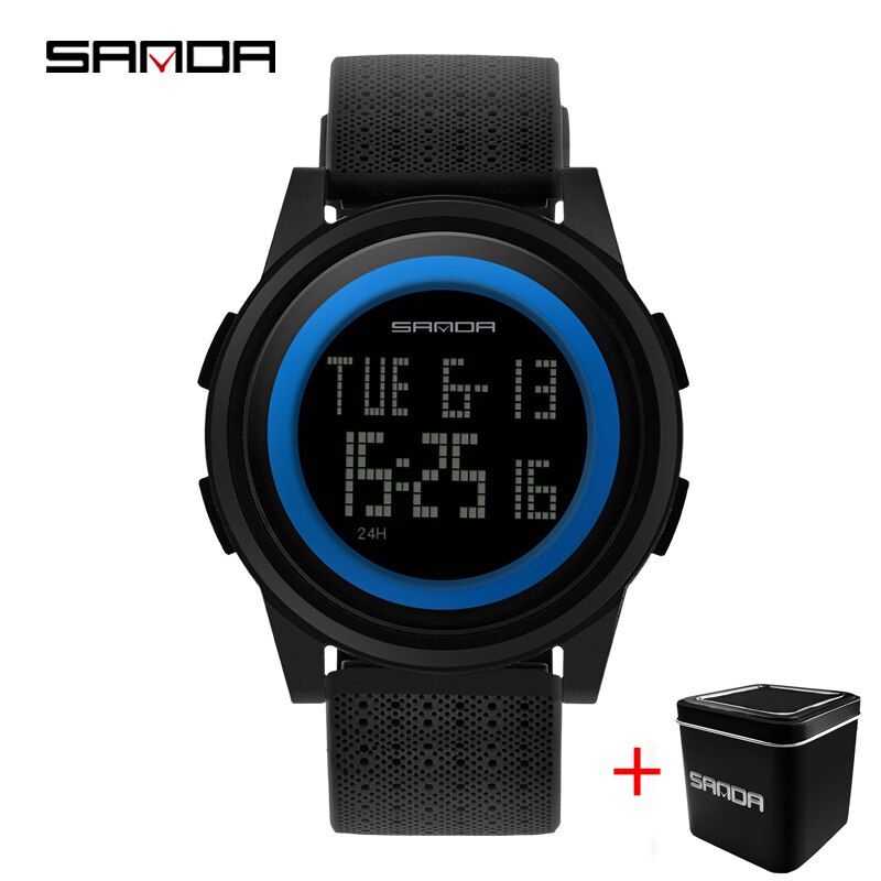 Sanda 2022 outdoor sport horloge heren multifunctioneel horloge wekker chrono 3 bar waterdicht digitaal horloge reloj hombre: Zwarte blauwe doos