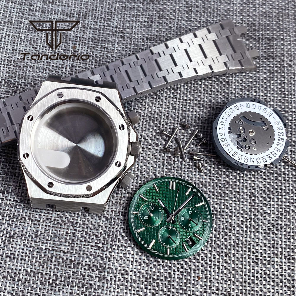 Roestvrijstalen Geborsteld 42Mm Horlogekast Armband Achtkant Bezel Saffier Crystal Fit Vk63 Vk64 Chronograaf Quartz Uurwerk