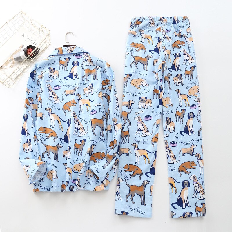 Men Pajamas Dog Print Brushed Cotton Thick 2 Pieces Set For Couple Women Long Sleeve Elastic Waist Pants Lounge Nightwear P80001