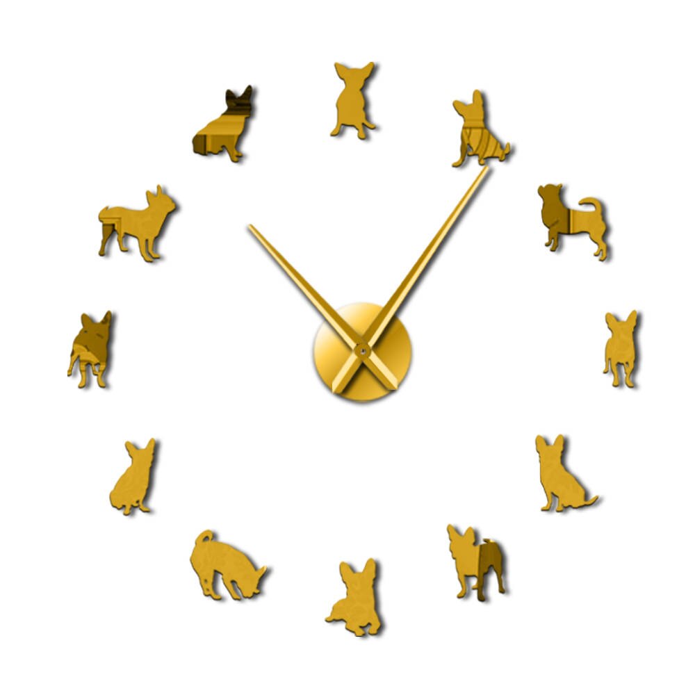 Chihuahua 3D DIY Giant Acrylic Mirror Wall Clock Dog Breeds Pet Shop Kit Decoration Clock Watch Puppy Pug Animals Show: Gold / 27inch