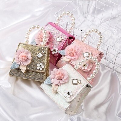 Mini bolso de mano de cuero con perlas para niñas, bandolera pequeña de princesa, monedero pequeño, ,