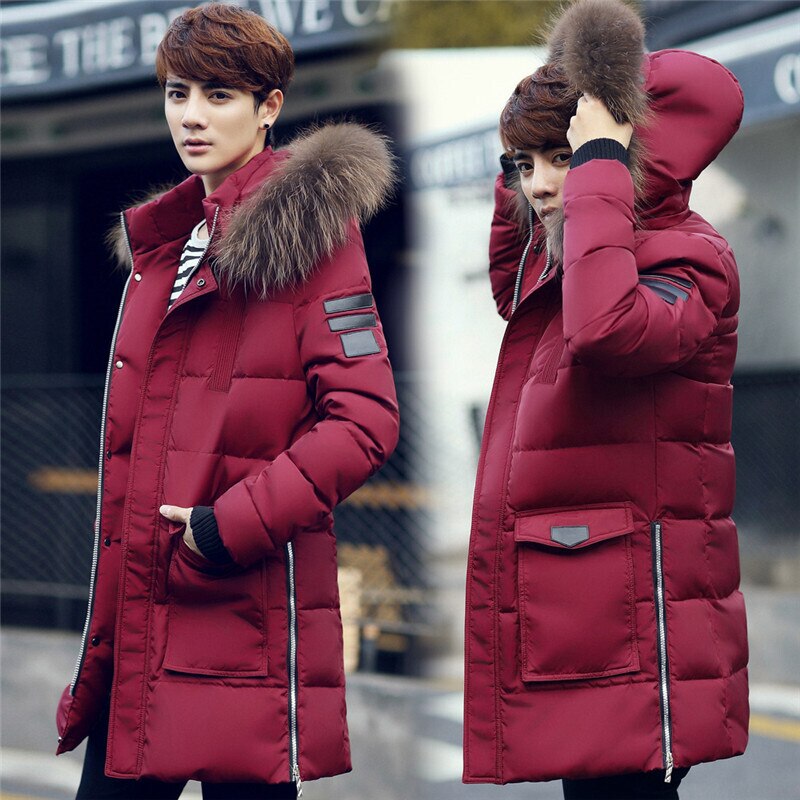 Herfst winter heren lange jas parka heren warme casual parka jas middellange dikke muts jas: Rood / M