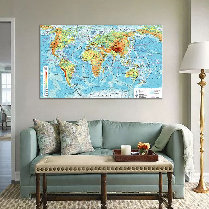 150*90cm Geographic Map of The World Wall Poster Smelless Canvas Painting for Travel Souvenir Home Decoration In Russian