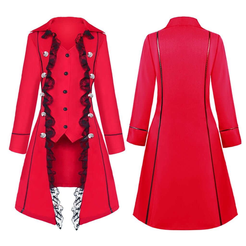 Abrigo gótico Vintage de manga larga para mujer, ropa de abrigo de Color liso con cuello de camisa de encaje y Triple botonadura, prendas de vestir exteriores