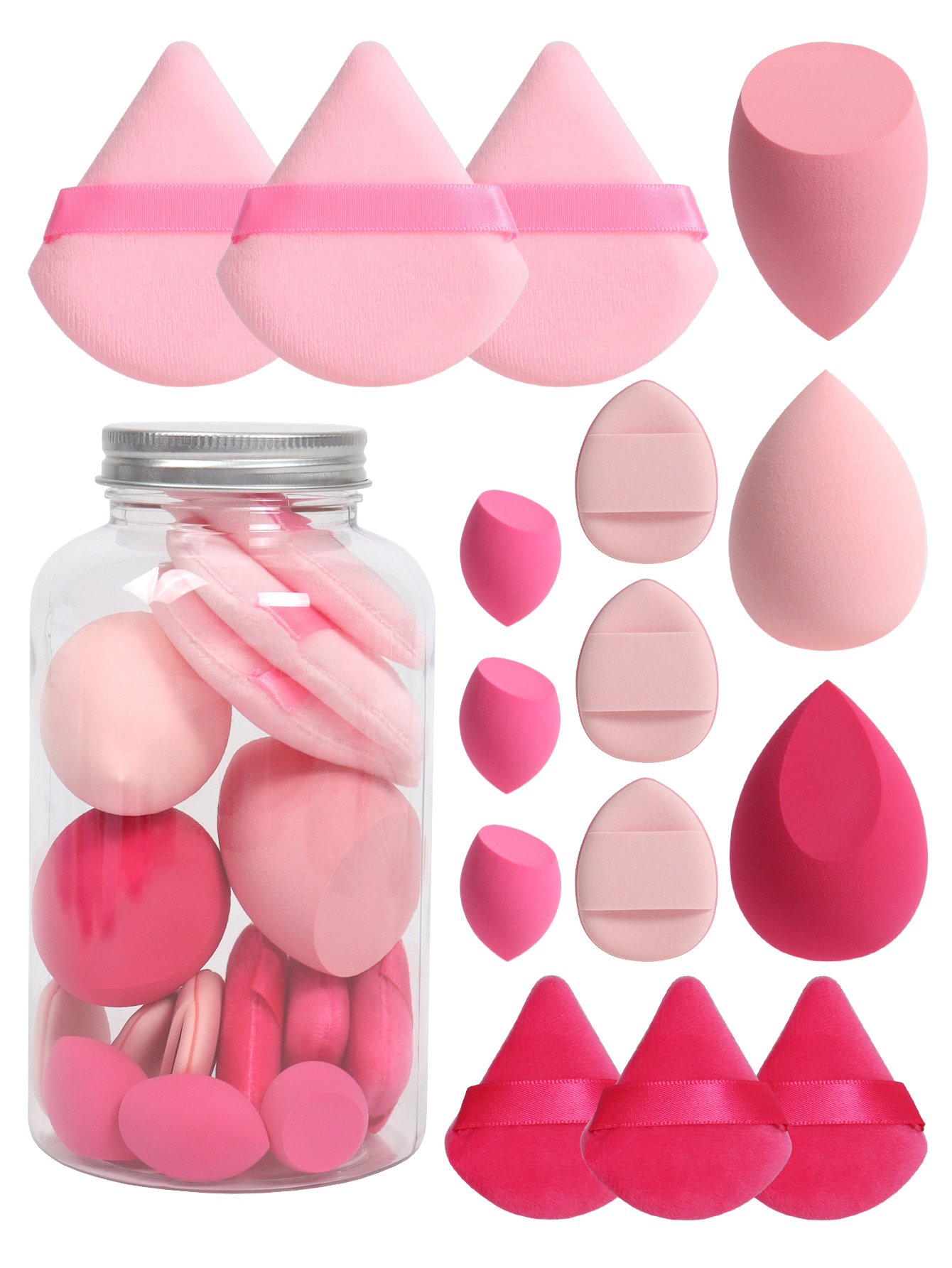 Primavera 15 latas, 3 esponjas para polvos sueltos y 3 mini esponjas para polvos sueltos y 3 mini huevos de maquillaje y 3 mini esponjas con cojín de aire, mezcla de bases: Rosa