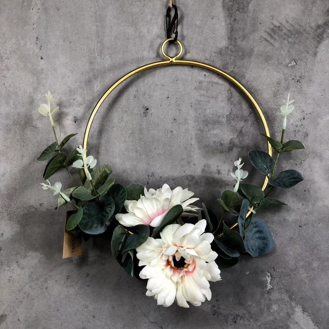 20cm jernreb guld metalring bærbar krans blomster bryllup brud blomster krans håndlavet catcher hoop baby shower indretning: Rund-dahlia hvid