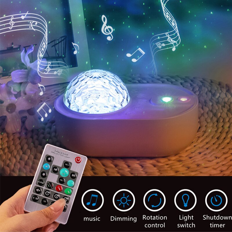 Lámpara de proyector de cielo estrellado para dormitorio de niños, luz LED de noche romántica con música creativa, nave espacial
