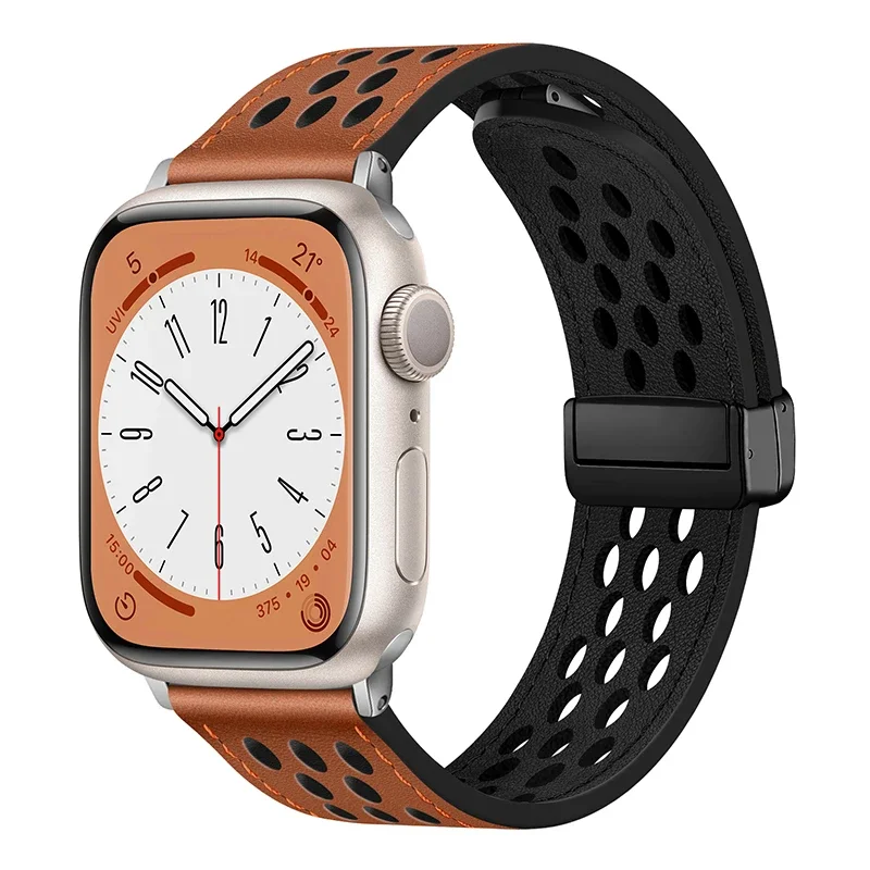 Læderrem til apple watch-rem 44mm 42mm 46mm 45mm 41mm silikone magnetisk armbånd iwatch serie 10 9 8 7 6 se 5 ultra 49mm: Sort gul / 14mm