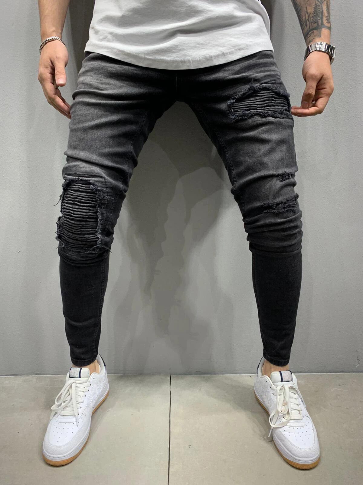 Skinny ripped jeans mænd casual slim fit herre fold jeans homme mærke motor biker hip hop denim bukser bukser pantalones hombre: Sort / Xxxl