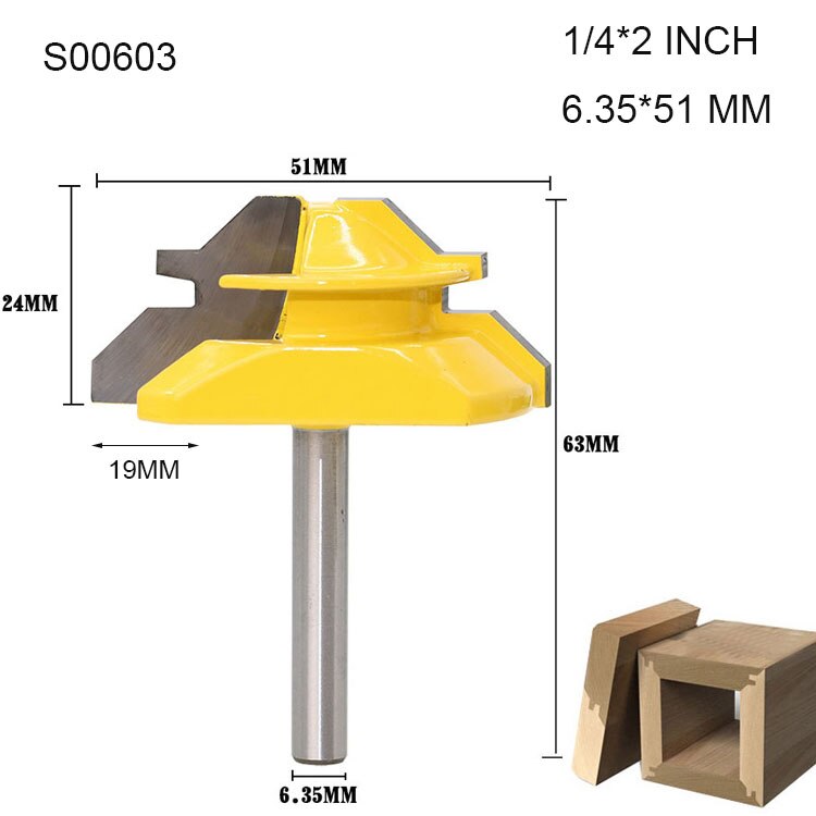 1/2 " 1/4 " 8mm- schachts 45- graden penfrees voor houtverbindingen houtbewerking frees rechte hoek cnc-gereedschapsbit: S00603