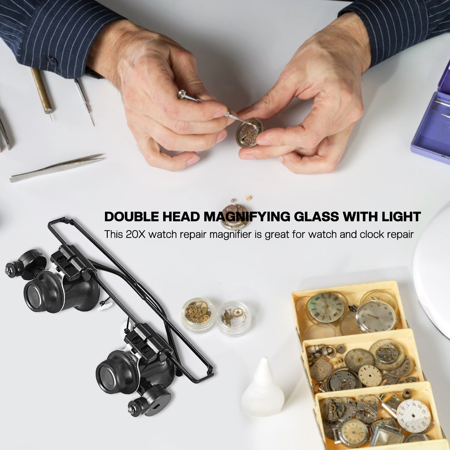 ACEHE-lupa Binocular de doble ojo, herramienta de reparación de relojes, lupa con dos luces LED ajustables, 20X